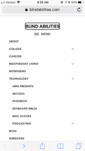 BlindAbilities.com screen shot showing menus
