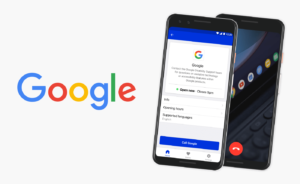 Image showing two phones in front of the other. The phone in front is displaying the Google profile on the Specialized Help platform, and the one behind is displaying a Be My Eyes call.