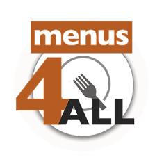 Menus4All Logo Red and white lettering with a silhouette of a white plate and fork.