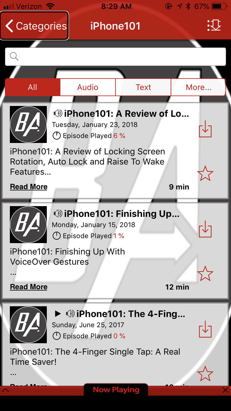 Screen shot of the Blind Abilities App Showing iPhone101 Series