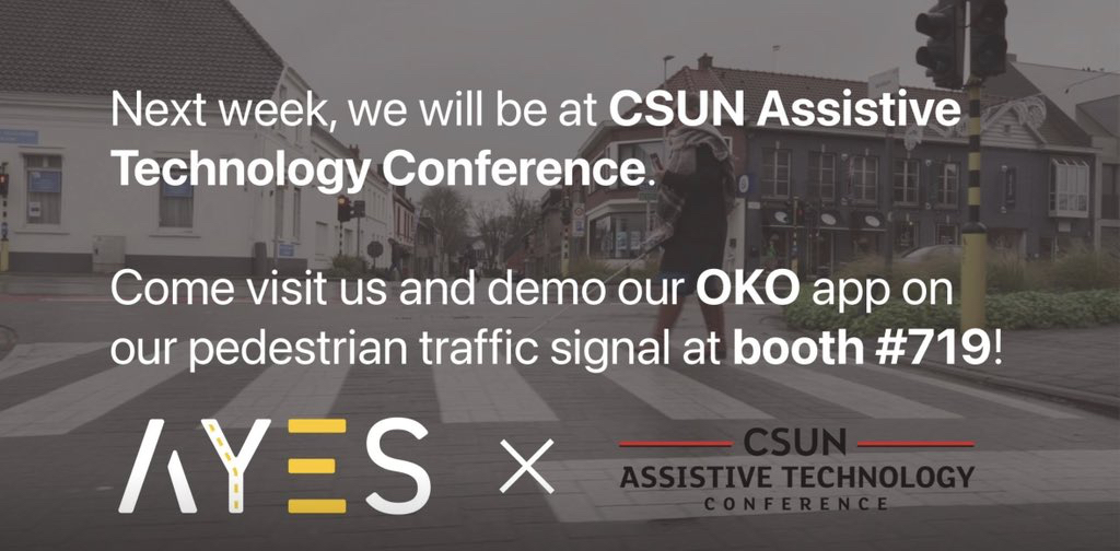 A promotional flyer showing a person using the OKO app crossing a street.