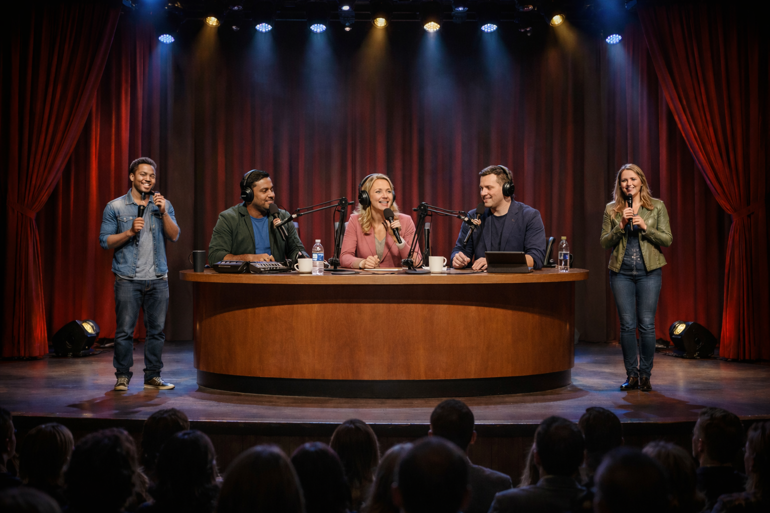 Image of 5 fictional anchors on a musical stage theater.